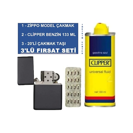 Zippo Siyah Çakmak + Clipper Benzin 133 Ml + 20 Li Çakmak Taşı