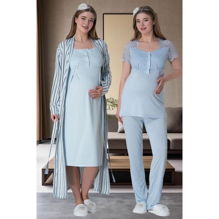 Mecit 6063 Kadın Hamile Lohusa Mavi Sabahlık Gecelik Pijama Set 001