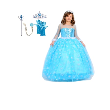 Prenses Elsa Kostümü Uzun Kollu Elsa 1-12yaş Taç-saç-asa-eldiven