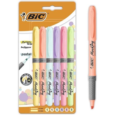 Bic Marking Highlighter Grip Kalem Tipi Fosforlu Kalem Pastel Renkler 6'lı Blister