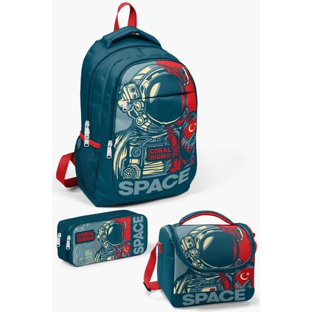 Coral High Kids Çivit Kırmızı Astronot Desenli 3 Lü Okul Çanta Seti Set0114389