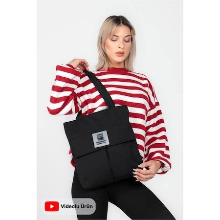 Tonny Black Orijinal Time Serisi 3 Bölmeli Fermuarlı Kapaklı Model Tote Bag Yumuşak Bez Geniş Kol & Omuz Çantası