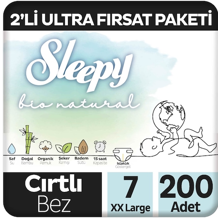 Sleepy Bio Natural Bebek Bezi 7 Numara Xxlarge 2'li Ultra Fırsat Paketi 200 Adet