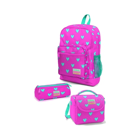 Coral High Kids Neon Pembe Su Yeşili Kalp Desen 3'lü Okul Çanta Seti Goset0123113