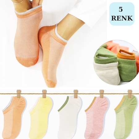 Yazlık Comfort Çift Lastik Pamuk Kadın Patik Çorap 5'li Çok Renkli