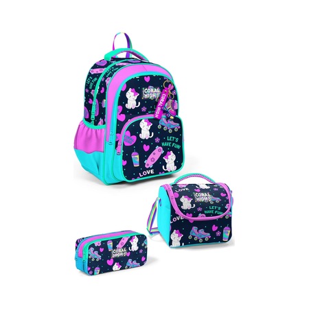 Coral High Kids Lacivert Pembe Kedili Paten Desenli 3'lü Okul Çanta Seti Set0123658