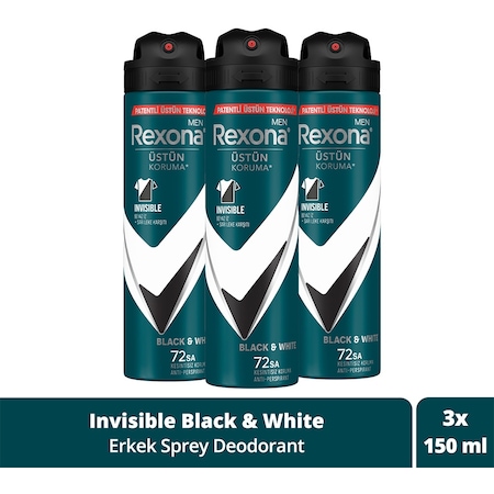 Rexona Men Invisible Black & White 72 Saat Erkek Sprey Deodorant 3 x 150 ML