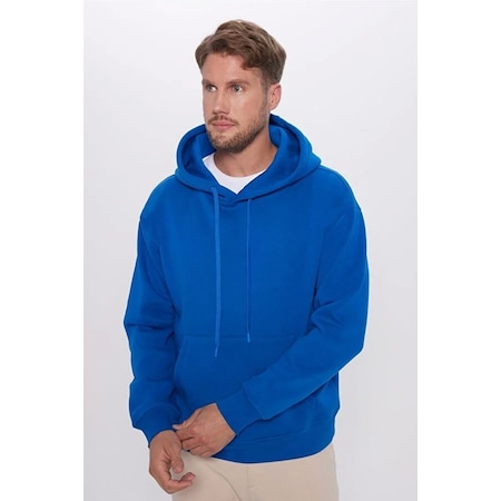 Kapüşonlu İçi Polarlı Regular Kalıp Erkek Sweatshirt Mavi Mavi