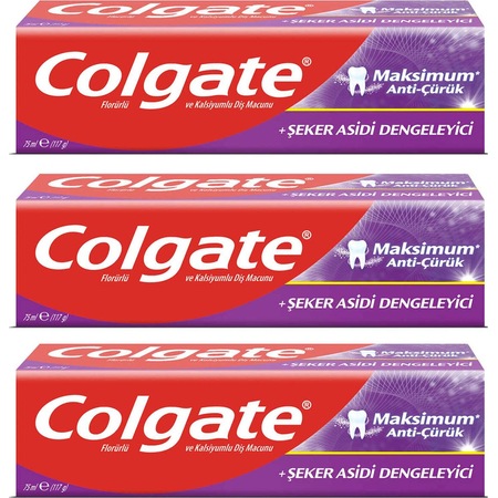 Colgate Maksimum Anti-Çürük+Şeker Asidi Dengeleyici Diş Macunu 3 x 75 ML