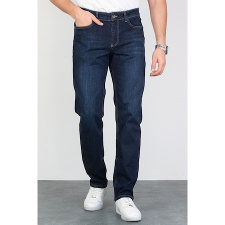 Erkek Koyu Mavi Regular Fit Boru Paça Likralı Jeans Kot Pantolon (492242318)