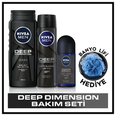 Nivea Deep Dimension 48 Saat Aktif Karbon Erkek Sprey Deodorant 150 ML + Duş Jeli 500 ML + Roll-On Deodorant 50 ML + Banyo Lifi