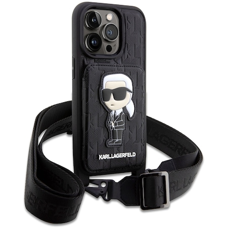 İphone 14 Pro Max Uyumlu Kılıf Karl Lagerfeld Boyun Askılı Kartlıklı Karl Dizayn Kapak Siyah