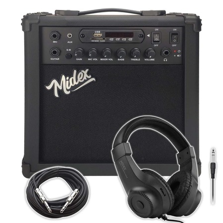 Midex MGA-25BK-HD Elektro Gitar Amfisi 25 Watt USB Bluetooth ve Şarjlı (Amfi Kulaklık ve Jack Kablo)