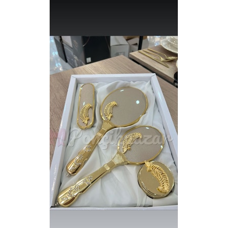 Ceyizworld Alyans Gold Çiçekli 4'lü Lüx Ayna Tarak Fırça Seti