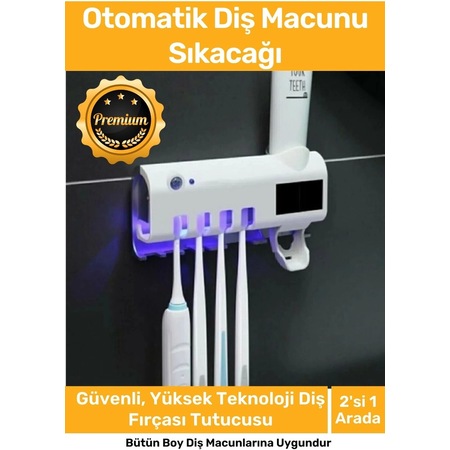 Premium Usb Şarjlı Güneş Enerjili Otomatik Diş Macun Sıkacağı Sterilizatörlü 4 Adet Fırçalığı Tutucu