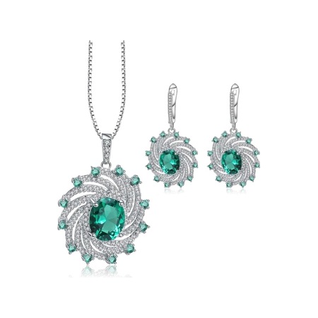 Brezza Lusso Jewelry Zümrüt Oval Taşlı Luxury Vintage Kadın Gümüş Kolye Küpe Set