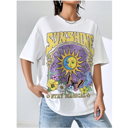 Kadın Beyaz ''göğüs Sunshine Baskılı'' Oversize T-shirt Start0000230