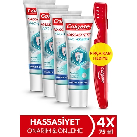 Colgate Hassasiyete Pro-Çözüm Onarım & Önleme Diş Macunu 4 x 75 ML + Diş Fırçası Kabı