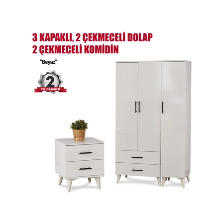 3 Kapaklı Beyaz Dolap Ve Komodin Seti