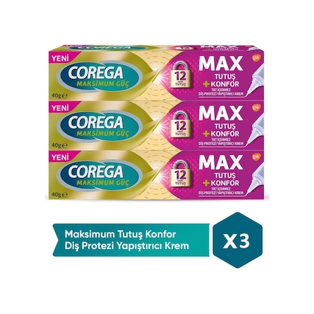 Corega Max Tutuş + Konfor Diş Protezi Yapıştırıcı Krem 3 x 40 G