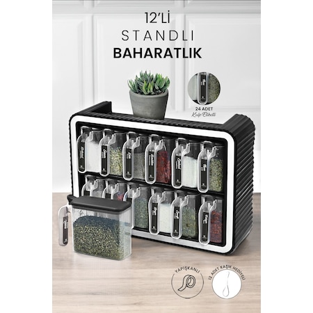 Kitchen Life 12 li Kendinden Yapışkanlı Kapaklı Kaşıklı Standlı Baharatlık Takımı Baharatlık Seti Kulplu Etiketli