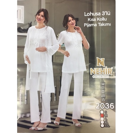 Nehir 2036 Ekru Hamile Lohusa 3Lü Pijama Sabahlık Takım