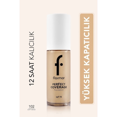 Flormar Perfect Coverage Yoğun Kapatıcı Su Bazlı Fondöten (Nötr Alt Ton) -102 Soft Beige -8682536058162