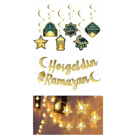 Hoşgeldin Ramazan Gold Yazı- Yıldız Led Ve Tavan Süs Set, Ramazan Ayı Süsleme Seti