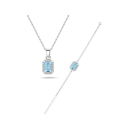 Brezza Lusso Jewelry 925 Ayar Gümüş Aquamarin Taşlı Baget Kadın Kolye Bileklik Set 42900039