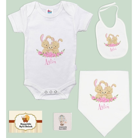 Bk Kids Kişiye Özel İsimli 5 Parça Beyaz Bebek Body Zıbın Ve Battaniye Hediye Seti, Yeni Doğan Bebek Giyim Hediyesi-3