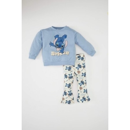 Defacto Kız Bebek 2'li Takım Disney Lilo & Stitch Sweatshirt Üst Beli Lastikli Desenli Uzun İspanyol Paça Alt D2199A524AUBE551