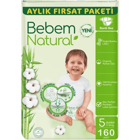 Bebem Natural Bebek Bezi Ultra Fırsat Paketi Junior 5 No 80 x 2 Adet