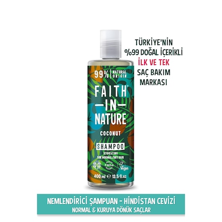 Faith in Nature %99 Doğal Nemlendirici Şampuan Hindistan Cevizi Normal & Kuruya Dönük Saçlar İçin 400 ML