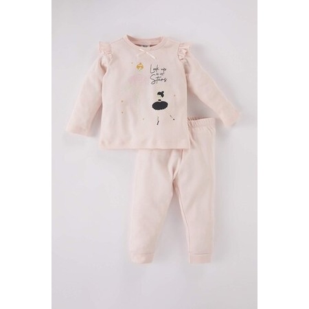 Defacto Kız Bebek Pijama Takımı Balerin Bisiklet Yaka Baskılı Uzun Kollu Üst Beli Lastikli Uzun Alt D5366a524wnpn262 Pembe