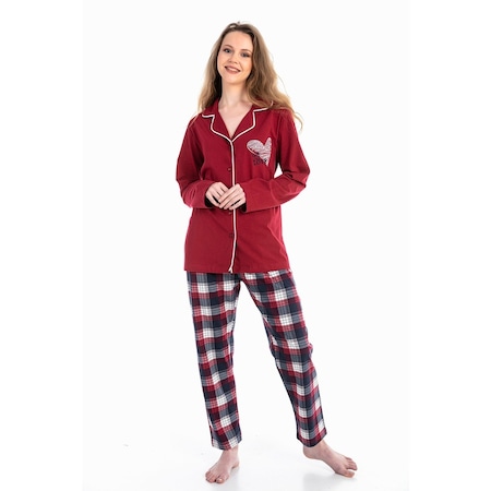 Vishenka Boydan Düğmeli Pamuklu Gömlek Yaka Kadın Pijama Takım