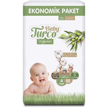 Baby Turco Doğadan Bebek Bezi 4 Numara Maxi 52 Adet Ekonomik Paket