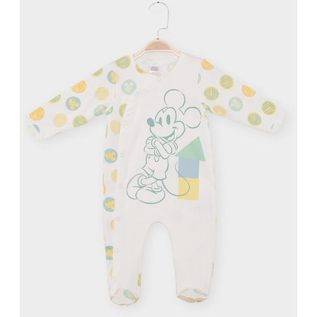 Mickey Mouse Lisanslı Erkek Bebek Patikli Tulum Mc21738-ekru