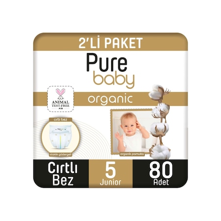 Pure Baby Organik Pamuklu Cırtlı Bez 2'li Paket 5 Numara Junior 80 Adet