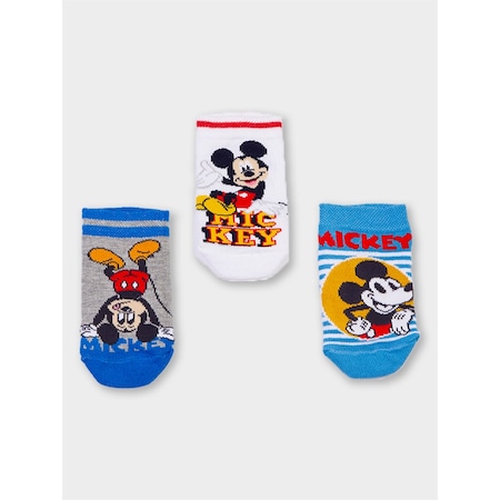 Disney Mickey Mouse Lisanslı Erkek Çocuk 3 Çift Patik Çorap 21073-mavi