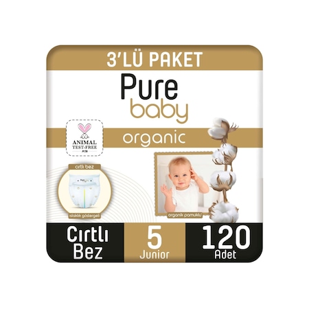 Pure Baby Organik Pamuklu Cırtlı Bez 3'lü Paket 5 Numara Junior 120 Adet