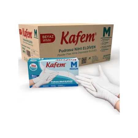 Kafem Beyaz Nitril Eldiven Pudrasız (M) 100 Lü X 20 Paket (Koli)