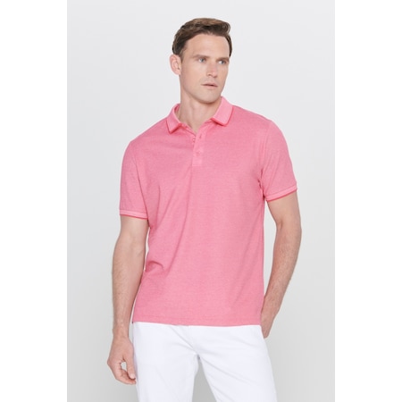 Ac&Co / Altınyıldız Classics 4A4820200047Fub3 Düğmeli Polo Yaka Cepsiz Slim Fit Erkek Tişört Fuşya - Beyaz