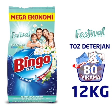 Bingo Matik Festival Renkliler ve Beyazlar Toz Çamaşır Deterjanı 12 KG