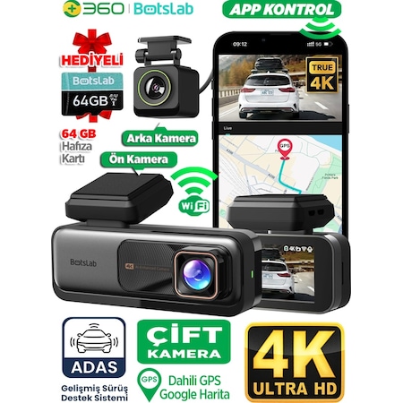 360+ G980h Ön Gerçek 4k 3840x2160p Uhd - Arka 1080p Fhd 170 Geniş Açı Lens Gece Görüşü Dahili Gps Modülü Akıllı Araç İçi Kamera