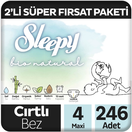 Sleepy Bio Natural Bebek Bezi 4 Numara Maxi 2'li Süper Fırsat Paketi 246 Adet