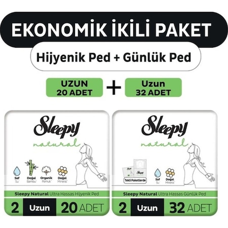 Sleepy Natural Ultra Ped Uzun 20'li + Uzun Günlük Ped 32 Adet