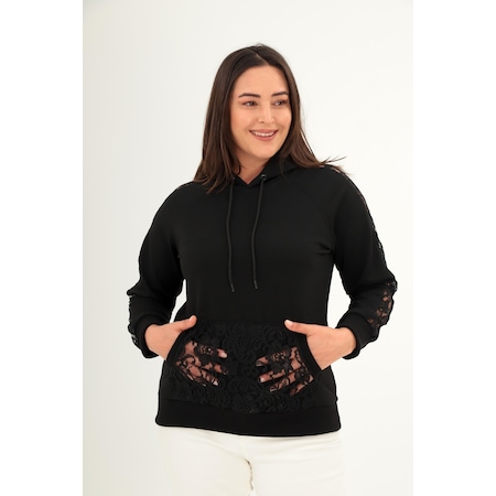 Kadın Büyük Beden Dantel Detaylı Kapüşonlu Pamuklu Siyah Sweatshirt Siyah