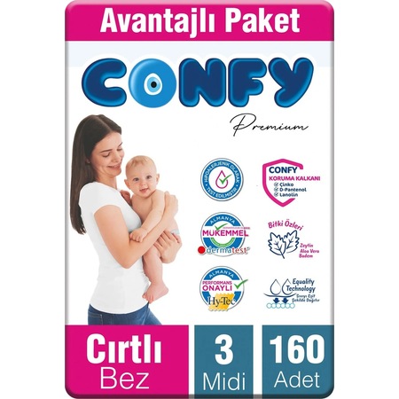 Confy Premium Bebek Bezi 3 Numara Midi 4 - 9 Kg 160 Adet