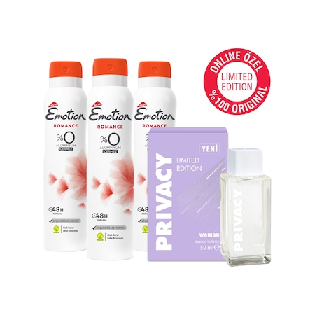 Privacy Kadın Parfüm EDT 50 ML + Emotion Romance Kadın Sprey Deodorant 3 x 150 ML