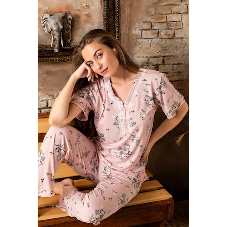 Lukitus Bambu Pamuk V Yaka Kısa Kol Kadın Pijama Takımı Pembe
